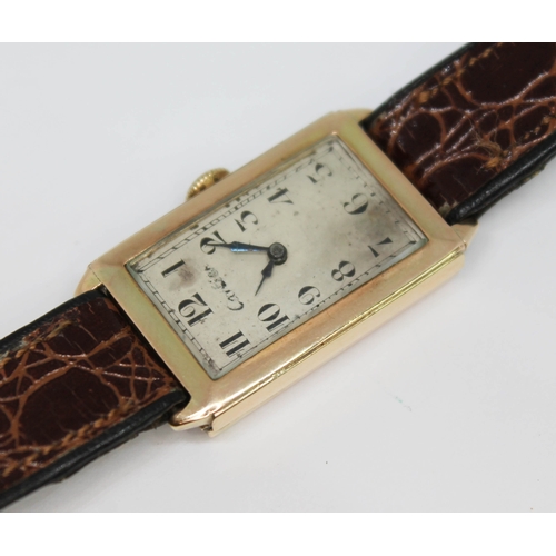 100 - An Art Deco 9ct gold Baume & Co tank style wristwatch,  ref. 761419, silvered dial with Arabic numer... 