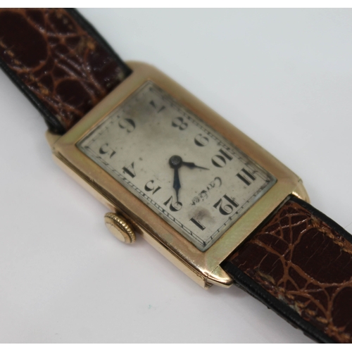 100 - An Art Deco 9ct gold Baume & Co tank style wristwatch,  ref. 761419, silvered dial with Arabic numer... 