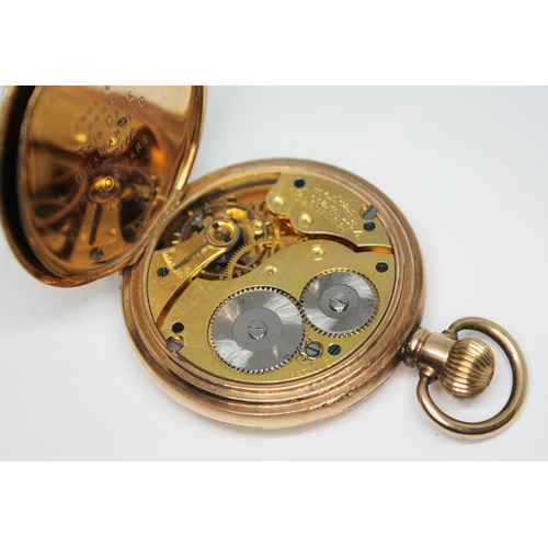 105 - A gold plated full hunter Waltham Traveler pocket watch, circa 1917, signed white dial with Roman Nu... 