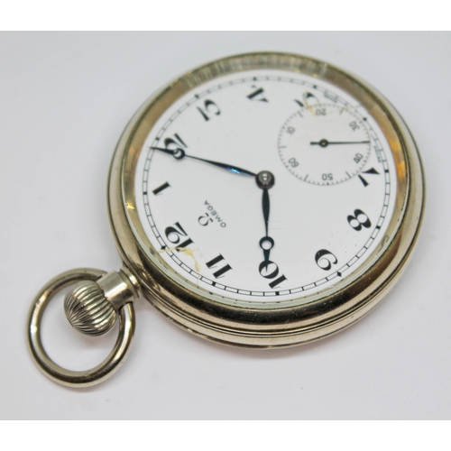 108 - An open face Omega pocket watch, circa 1943, ref. 9929197, 15 jewel movement, white enamel dial with... 