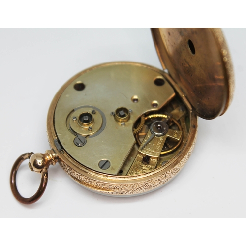 111 - A late 19th century ladies Swiss open face key wind pocket watch, engraved cased, gilt foliate dial ... 