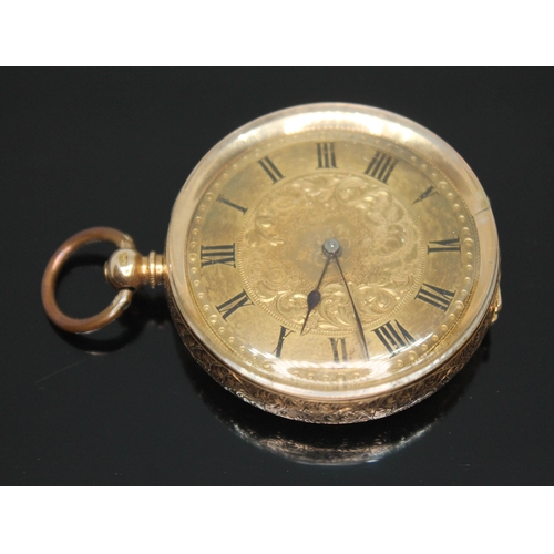 111 - A late 19th century ladies Swiss open face key wind pocket watch, engraved cased, gilt foliate dial ... 