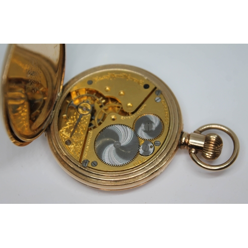 113 - An early 20th century gold plated Elgin full hunter pocket watch, gilt brass seven jewelled movement... 