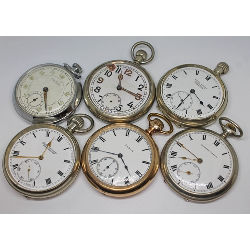 115 - A group of six open faced pocket watches comprising Elgin, Everite, Tavanne's, Ernest Vickery, Ruhla... 