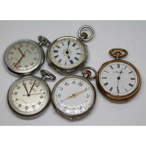 116 - A group of five ladies open faced pocket watches comprising a silver Omega, another silver, a gold p... 