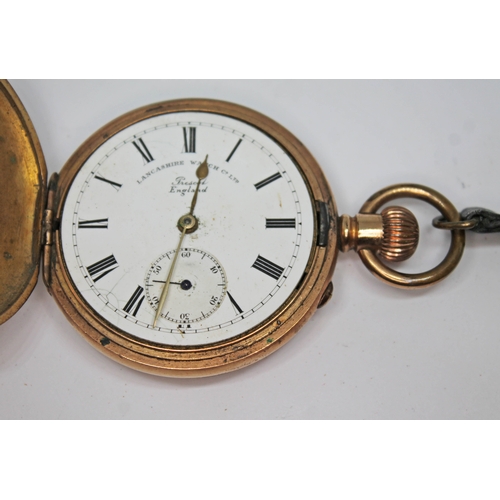 119 - An early 20th century Lancashire Watch Co gold plated keyless full hunter pocket watch, signed white... 