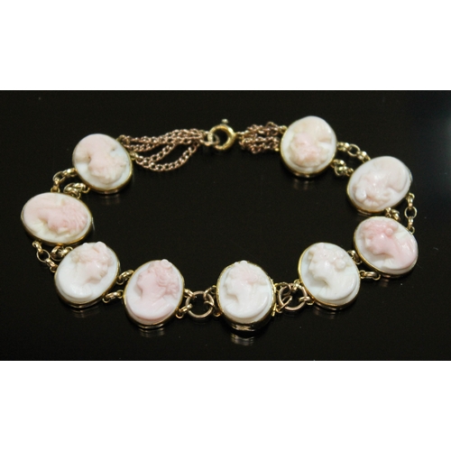 140 - A Victorian and later pink and white shell cameo bracelet, marked '9ct', length 19.5cm, gross weight... 