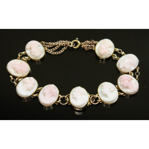 140 - A Victorian and later pink and white shell cameo bracelet, marked '9ct', length 19.5cm, gross weight... 