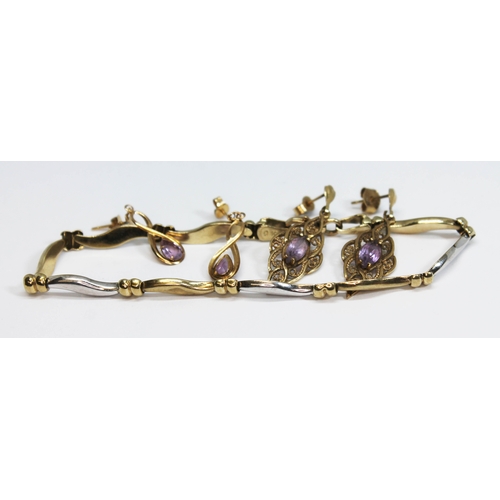 161 - Two pairs of amethyst drop earrings, one pair marked '375', together with a two colour 9ct gold brac... 