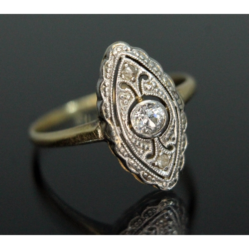 163 - An early 20th century Art Deco style diamond ring, the marquis shaped head set with a central Old Eu... 