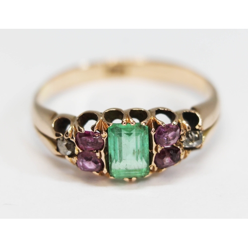 197 - An antique multi-gemstone ring set with Suffragette colours, the central rectangular cut emerald wei... 