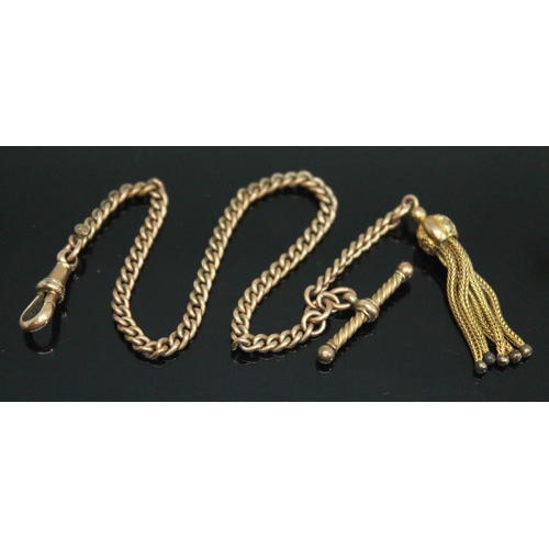 223 - A ladies antique watch chain with tassel and twist T bar, length 25cm, marked '9c', weight 11.17g.