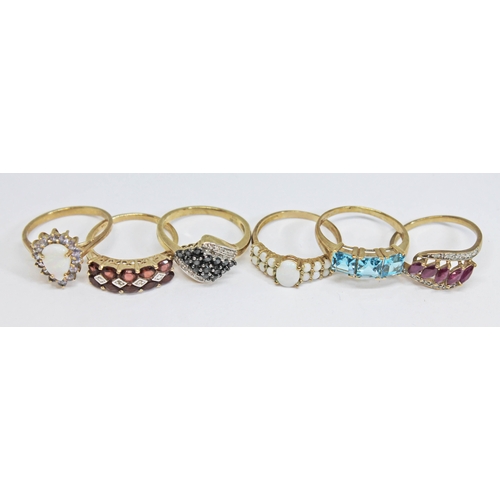 232 - Six assorted rings, five hallmarked 9ct gold, the other marked '9k', various stones and settings, gr... 