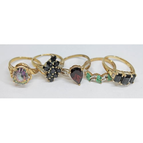 233 - Five assorted hallmarked 9ct gold rings, various stones and settings, gross weight 13.66g, size P.