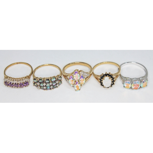 238 - Five assorted hallmarked 9ct gold rings, various stones and settings, gross weight 14.73g, size P.