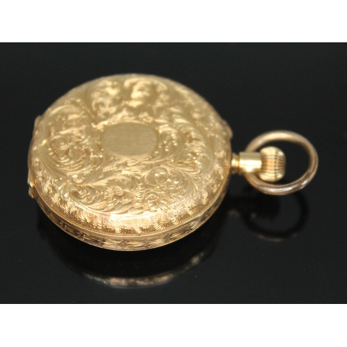 91 - A ladies Swiss open faced pocket watch, early 20th century, 35mm engraved case marked '18K', white e... 