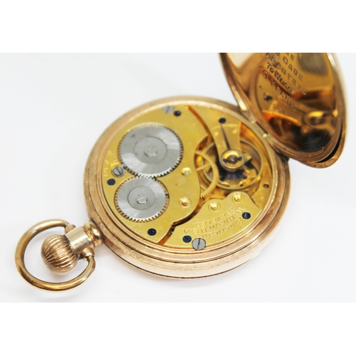 96 - A gold plated full hunter gold plated Waltham Traveler pocket watch, circa 1913, signed white enamel... 