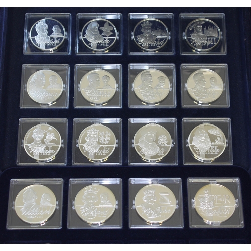 281 - A cased set of sixteen silver proof commemorative coins, The Kings & Queens of England.