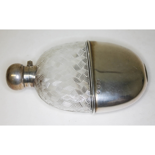 285 - A Victorian silver and etched glass hip flask, of oval form with bayonet fitting, William Hutton & S... 