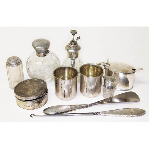 291 - A box of mixed hallmarked silver to include an atomiser, scent bottle, trinket box, silver topped gl... 