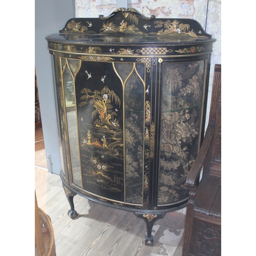 68 - An early 20th century bow front Chinoiserie decorated display cabinet, width 115cm, depth 41cm & hei... 