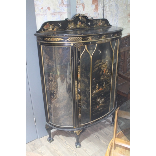 68 - An early 20th century bow front Chinoiserie decorated display cabinet, width 115cm, depth 41cm & hei... 