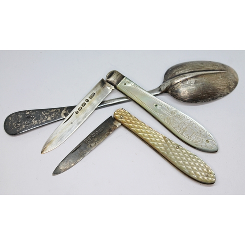 14 - Two hallmarked silver bladed and mother of pearl handle penknives and a silver rat tail spoon.