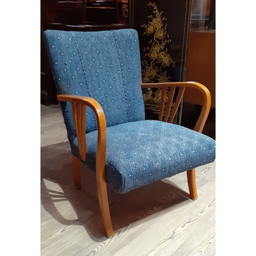 86I - A pair of Swedish blue upholstered lounge chairs. 
Condition- some general surface wear to the wood ... 