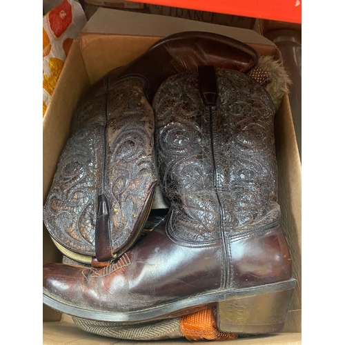 196 - A box of vintage vintage hats, etc and a pair of Wrangler cowboy boots, size 10