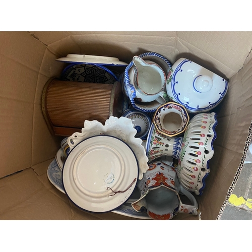 204 - A large box of pottery to include Masons Ironstone, collectors plates, studio pottery, etc.