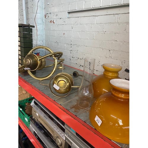 213 - 2 brass ceiling lamps and 2 mustard glass shades and a funnel.