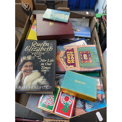 139 - A box of books and playing cards including Tiffany & Co and a box containing a Sony audio system wit... 