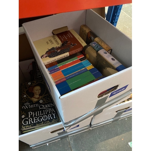 156 - Three boxes of assorted books including Philippa Gregory etc.