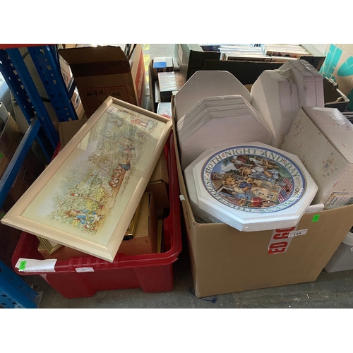 159 - A box of collectors plates and a box of misc picture frames.