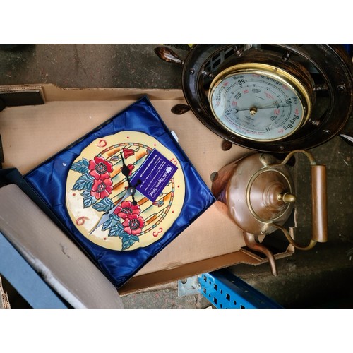 135 - Shortland ships wheel barometer, copper kettle and plate clock