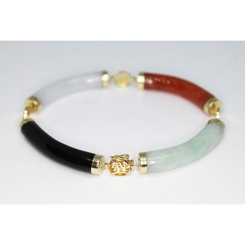 112 - A Chinese 14ct gold and jade bracelet, marked '14k', 'HKONG' and with 14ct gold import marks, length... 