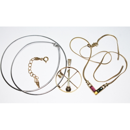 114 - A mixed lot of 9t gold jewellery comprising a choker necklace, a golfing pendant, a safety chain and... 