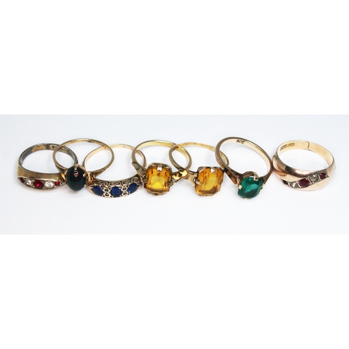 148 - Seven assorted rings, marks comprising 'RG', '9ct Gold', '9ctonsil', '9ct' and one unmarked, gross w... 