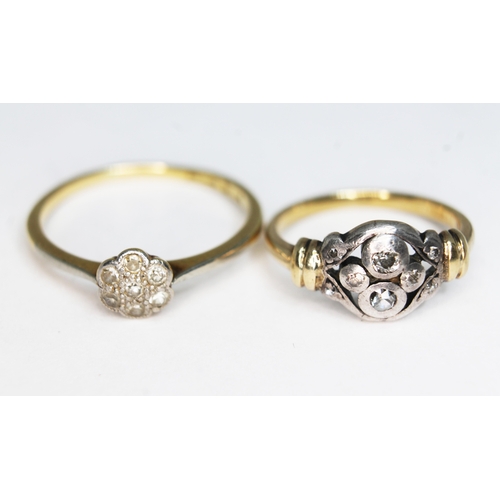 156 - Two diamonds rings, one marked '18ct PLAT', the other unmarked, gross wt. 4.48g, size O & I.