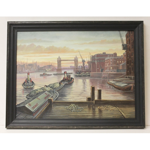 60 - Steven Scholes (b1952), Tower Bridge from Wapping London 1958, oil on canvas, 59.5cm x 44cm, signed ... 