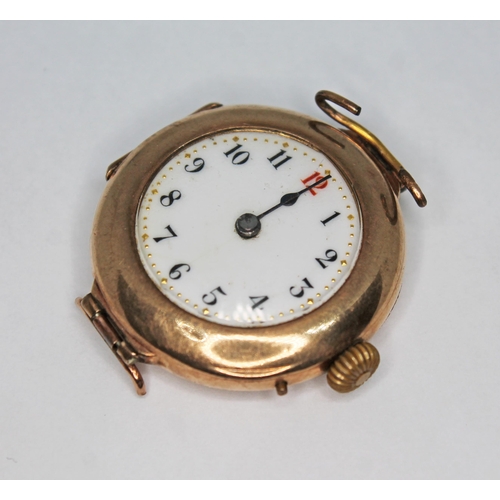 160 - A hallmarked 9ct gold watch, enamel dial with Arabic numerals, diam. 28mm, gross wt. 18.70g.