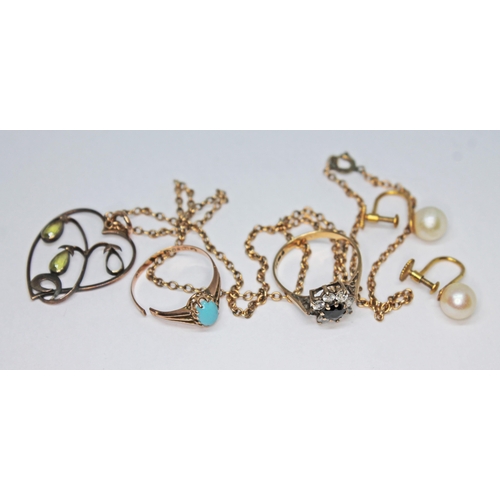 174 - A mixed lot comprising a pair of cultured pearl earrings marked '9ct', two hallmarked 9ct gold rings... 