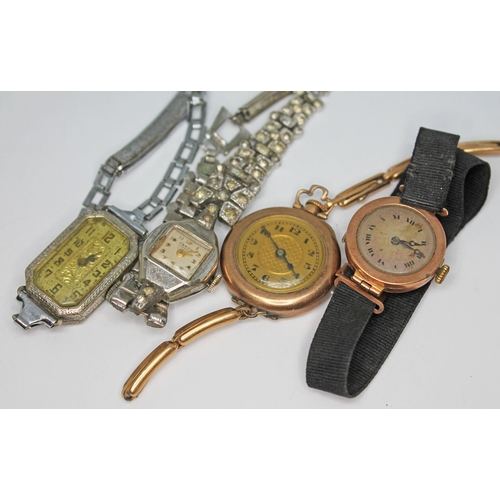 179 - A group of ladies wrist watches comprising one 9ct gold and one yellow metal with sprung strap gross... 