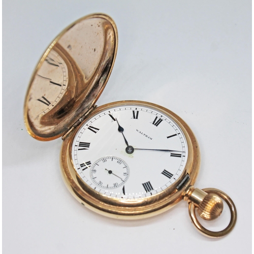 181 - A gold plated Waltham Traveller full hunter pocket watch, diam. 50mm.