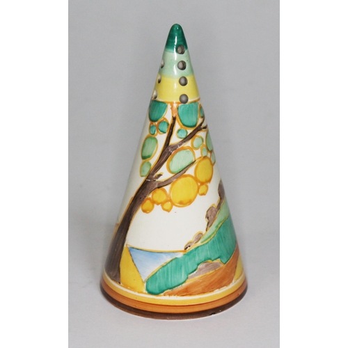 208 - A Clarice Cliff Fantasque Bizarre conical sugar sifter decorated in Secrets pattern, height 14cm.