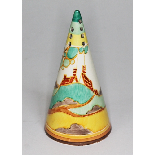 208 - A Clarice Cliff Fantasque Bizarre conical sugar sifter decorated in Secrets pattern, height 14cm.