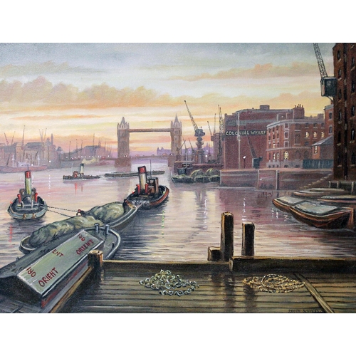 60 - Steven Scholes (b1952), Tower Bridge from Wapping London 1958, oil on canvas, 59.5cm x 44cm, signed ... 