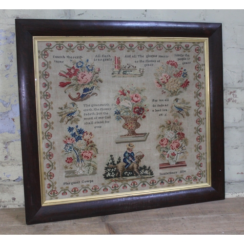 62 - A large mid 19th century sampler by Margaret Cowpe, Salmesbury 1854, 64cm x 56cm, glazed and framed.