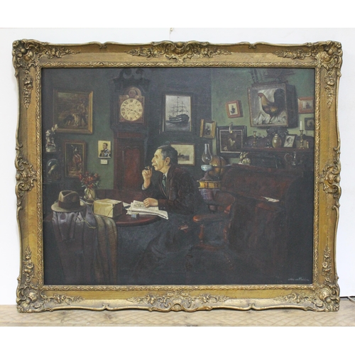 71 - 20th Century School, interior with man seated at table, oil on canvas, 79cm x 63cm, inscribed 'Copie... 