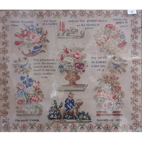 62 - A large mid 19th century sampler by Margaret Cowpe, Salmesbury 1854, 64cm x 56cm, glazed and framed.